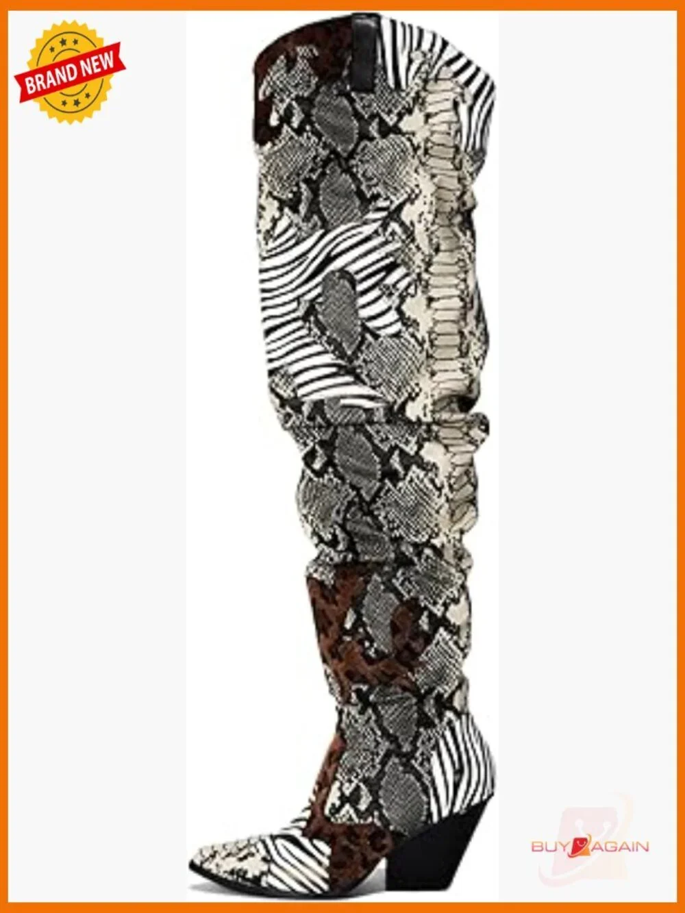 Thigh High Cowboy Boots Chunky Heel Faux Snakeskin Western Booties